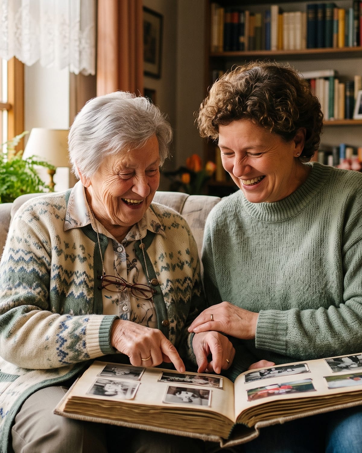 Betreuungskraft und Seniorin schauen gemeinsam lachend ein Fotoalbum an