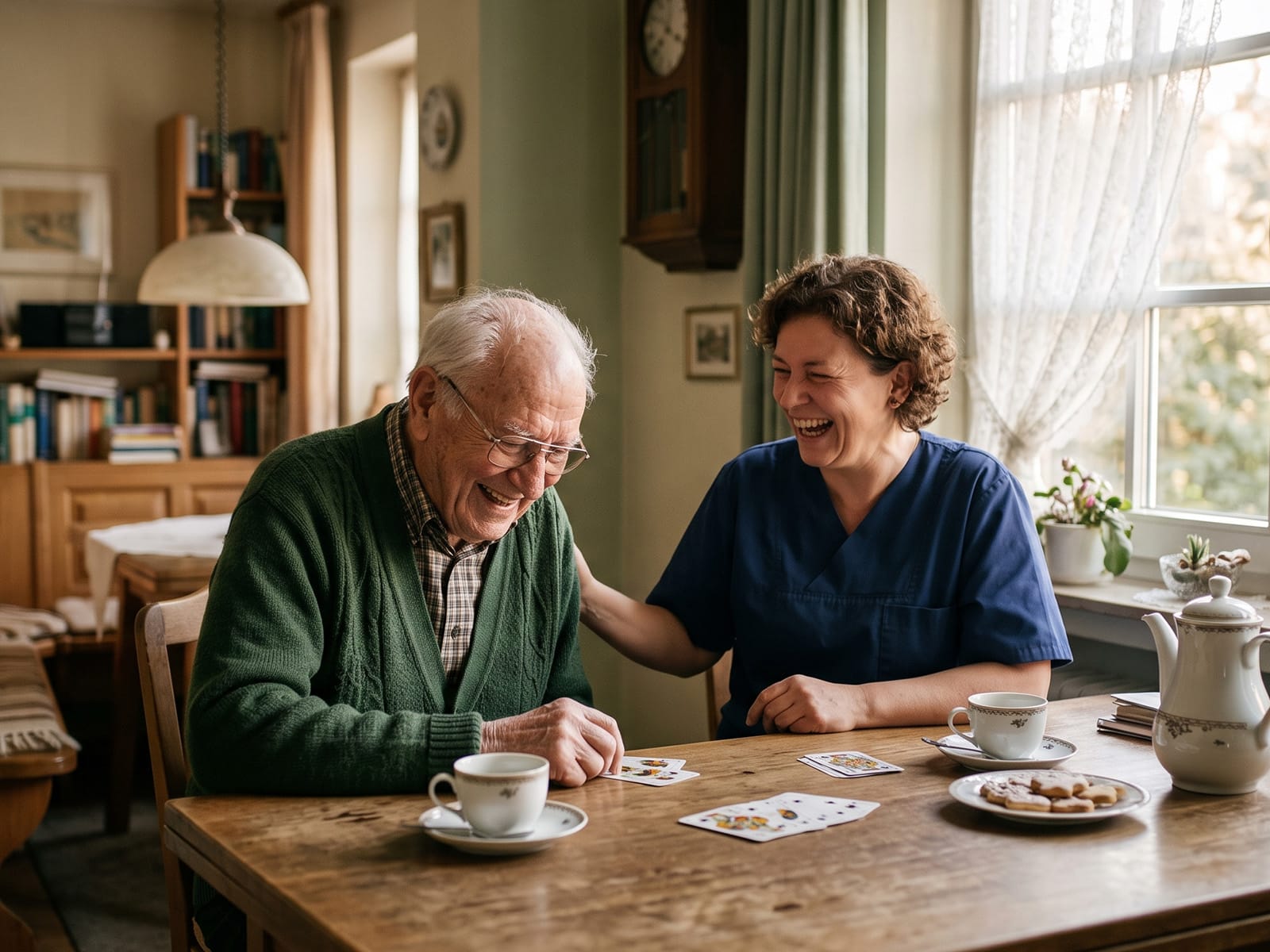 Senior und Betreuungskraft spielen Karten am Esstisch bei Kaffee