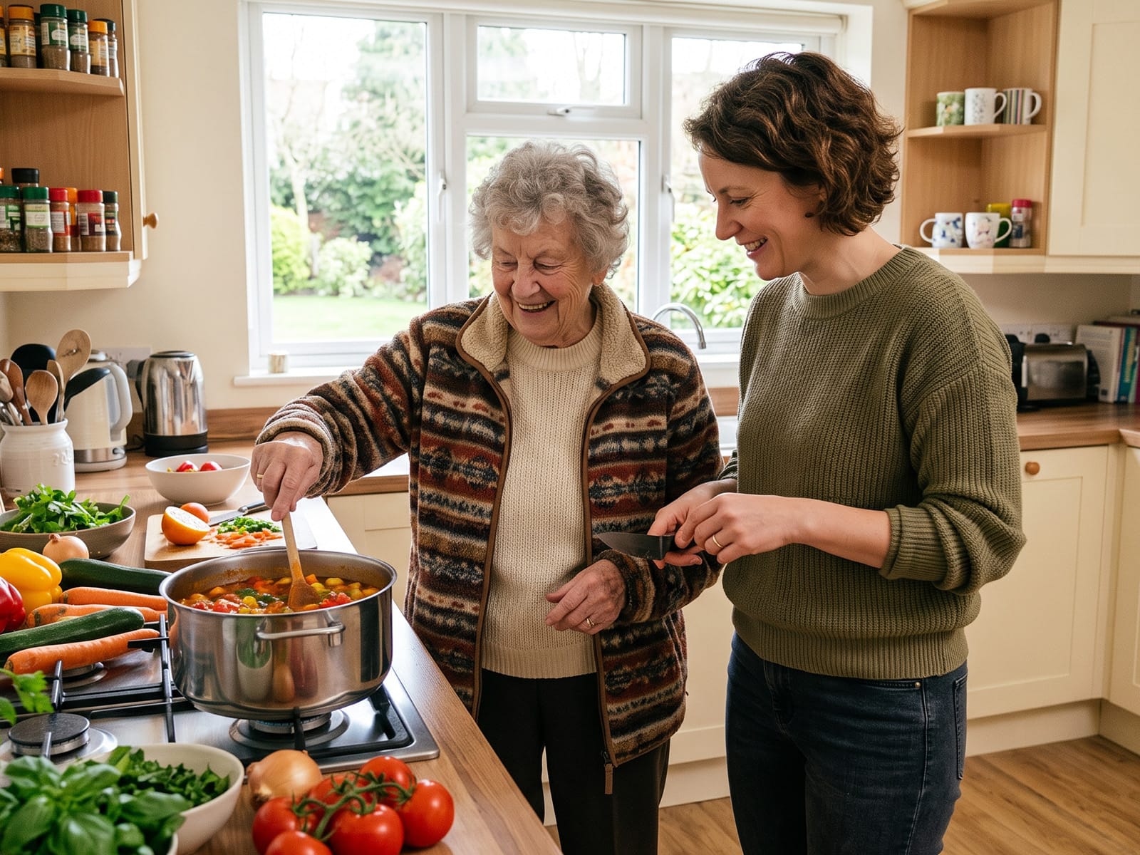Betreuungskraft und Seniorin kochen gemeinsam in einer hellen Küche