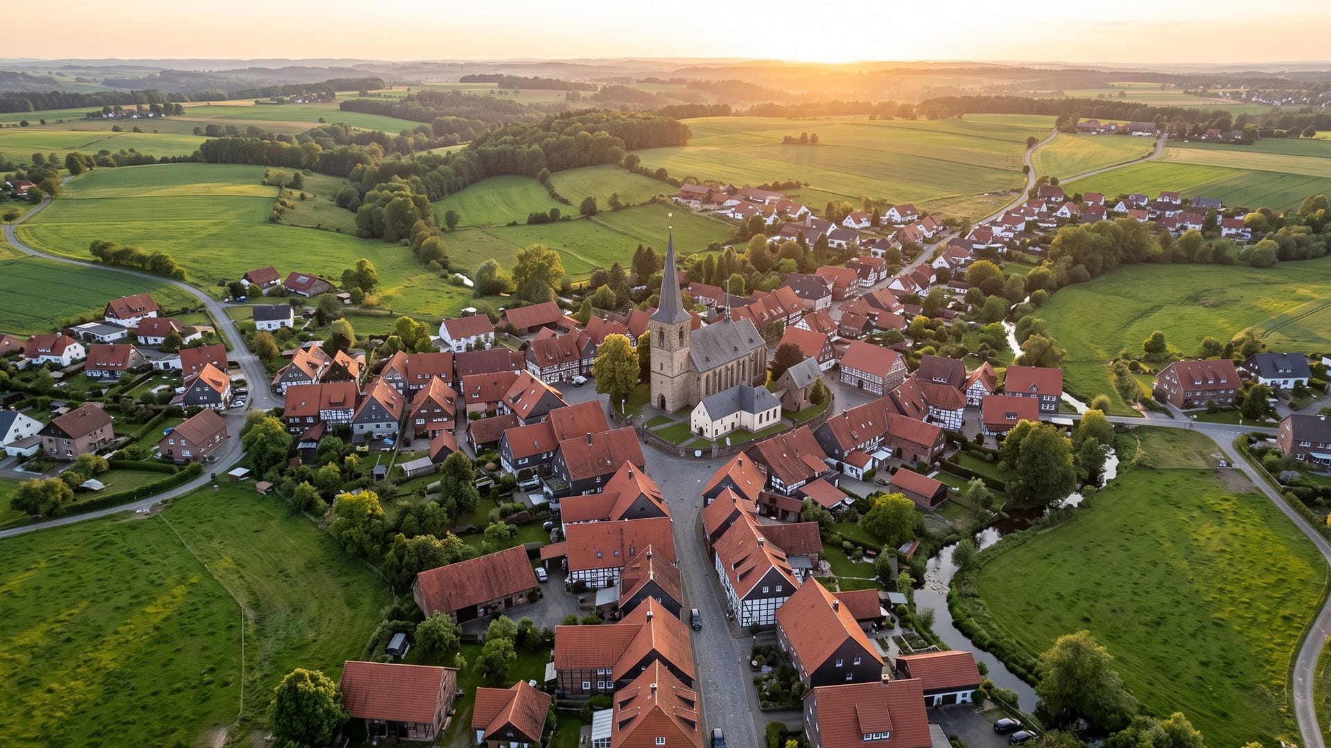 Luftaufnahme einer Kleinstadt in Nordrhein-Westfalen mit roten Dächern und Kirchturm